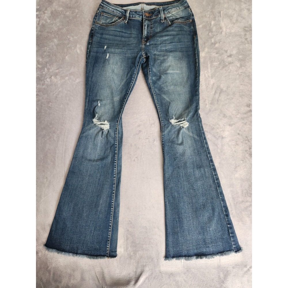 Simple Society Jeans Women's 9 29 Blue Mid-Rise Flare Flared Fray Distressed